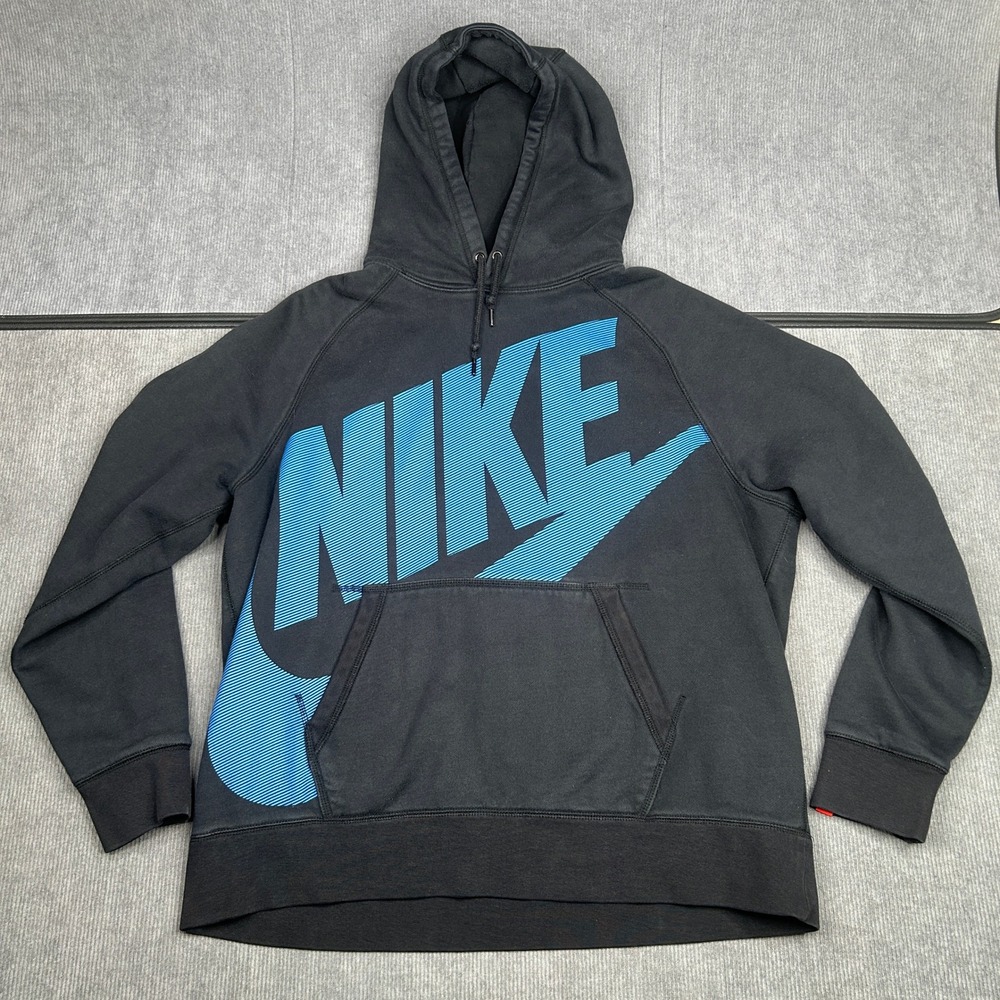 Nike XL Black Blue Gradient Big Logo Pullover Hoodie Sweatshirt Raglan Y2k
